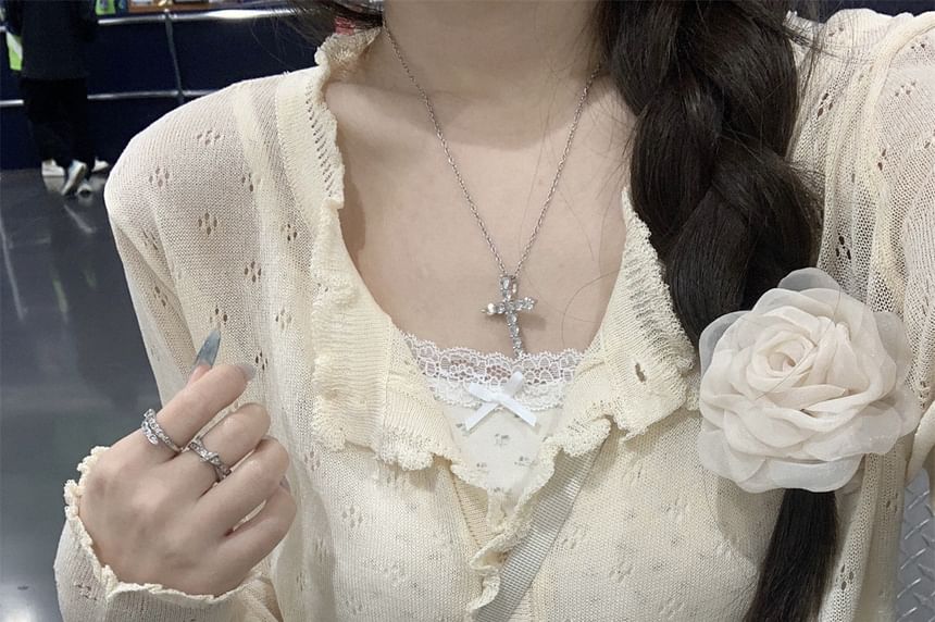 Plain Ruffle Pointelle Knit Cardigan