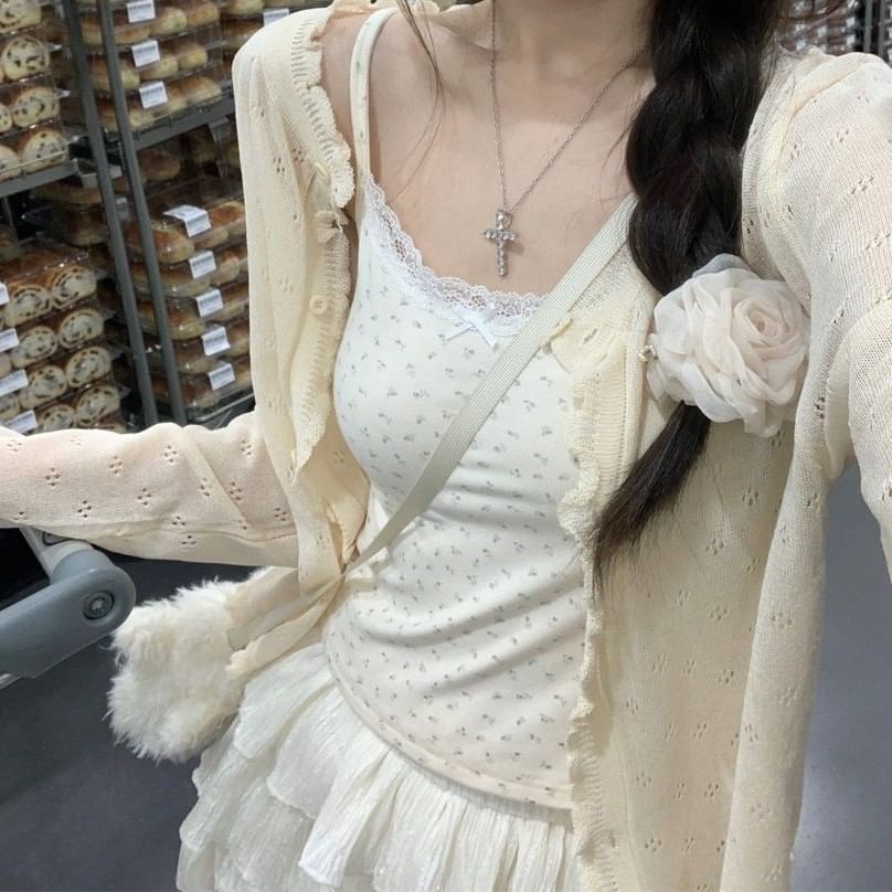 Plain Ruffle Pointelle Knit Cardigan