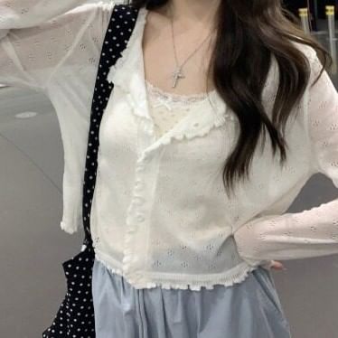 Plain Ruffle Pointelle Knit Cardigan