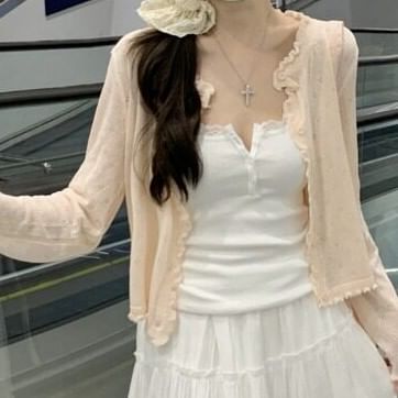 Plain Ruffle Pointelle Knit Cardigan