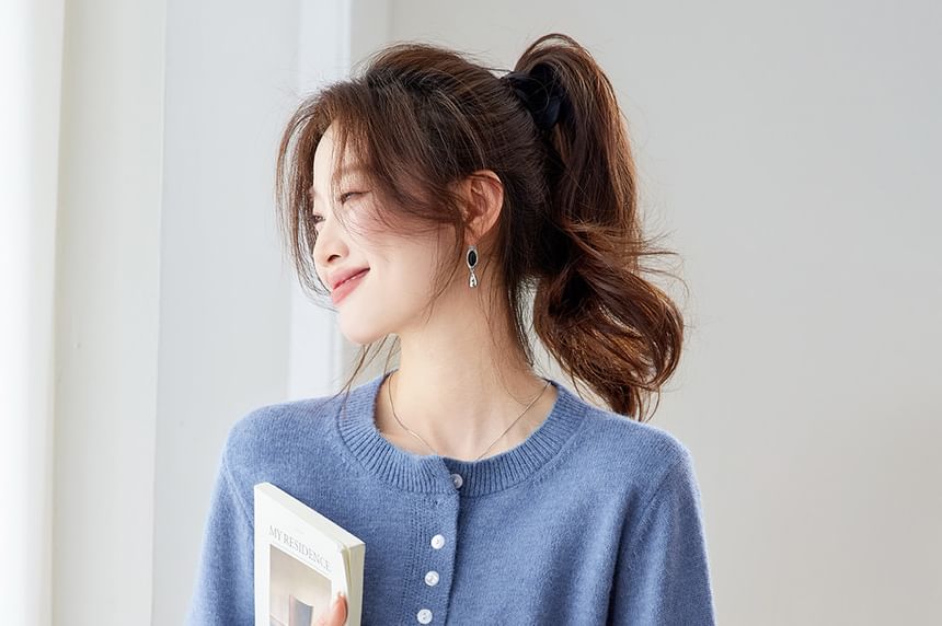 Crew Neck Plain Lace Trim Button Up Cardigan