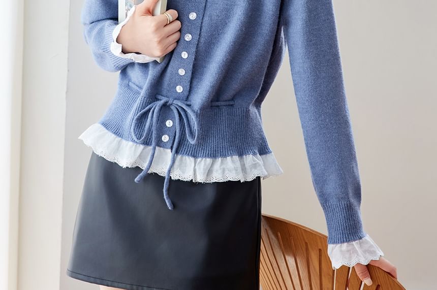 Crew Neck Plain Lace Trim Button Up Cardigan