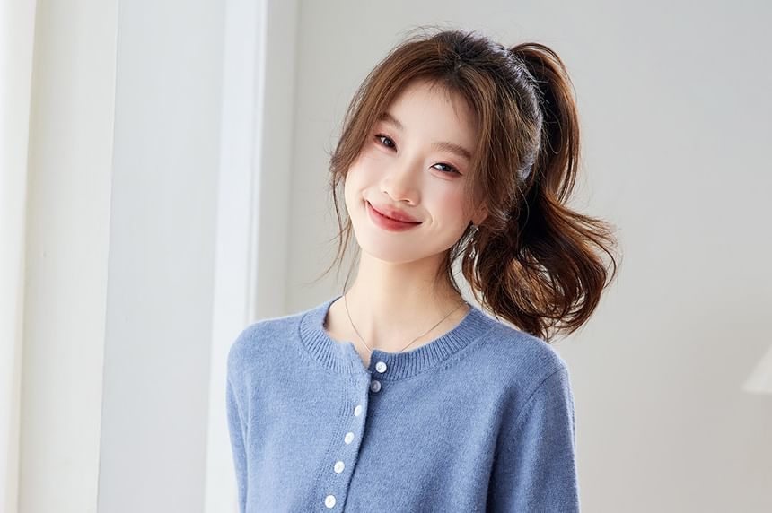 Crew Neck Plain Lace Trim Button Up Cardigan