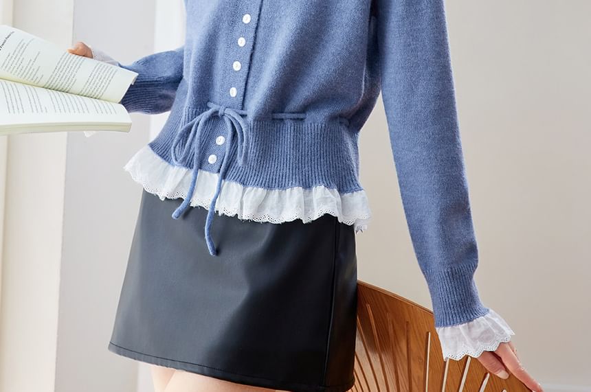 Crew Neck Plain Lace Trim Button Up Cardigan