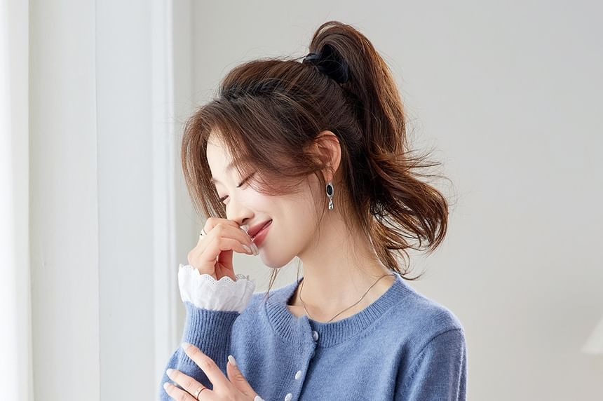 Crew Neck Plain Lace Trim Button Up Cardigan