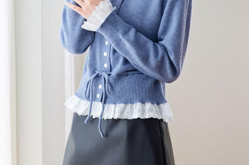 Crew Neck Plain Lace Trim Button Up Cardigan