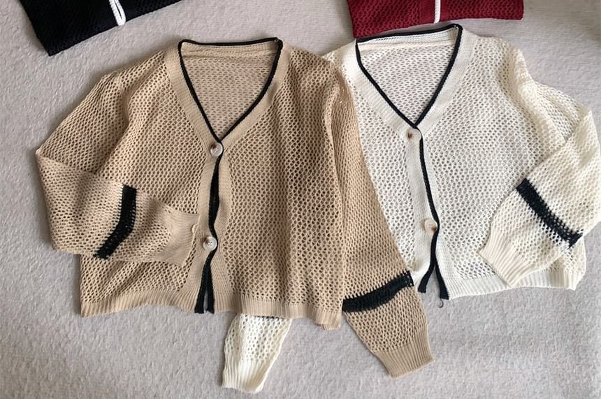 V-Neck Contrast Trim Mesh Button Up Cardigan