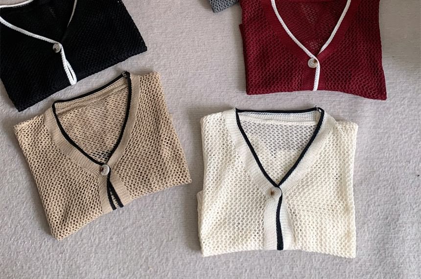 V-Neck Contrast Trim Mesh Button Up Cardigan