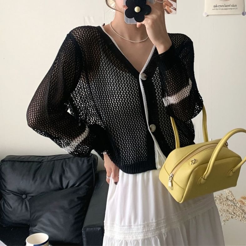 V-Neck Contrast Trim Mesh Button Up Cardigan