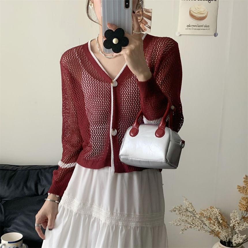 V-Neck Contrast Trim Mesh Button Up Cardigan