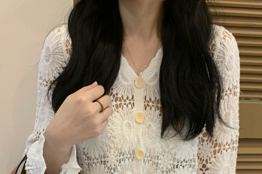 V-Neck Plain Crochet Cardigan