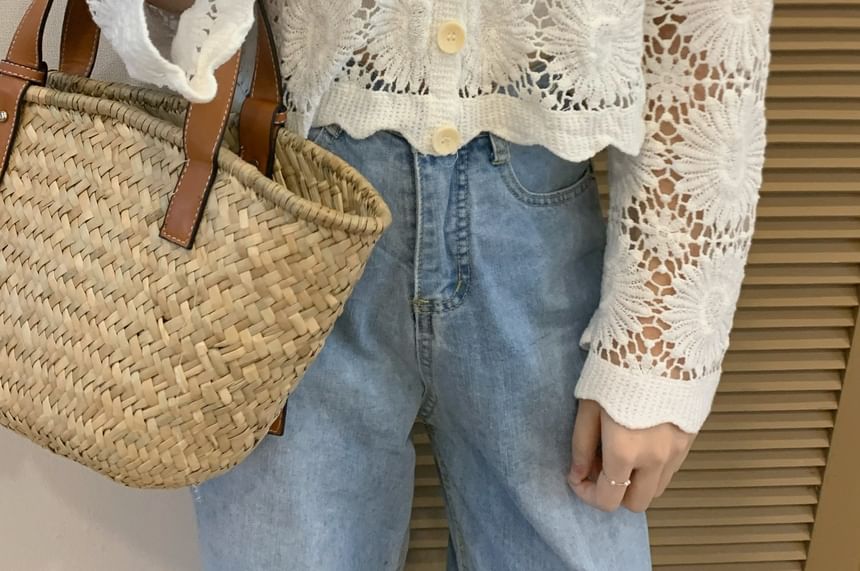 V-Neck Plain Crochet Cardigan
