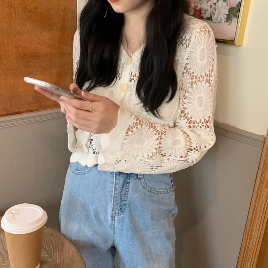 V-Neck Plain Crochet Cardigan