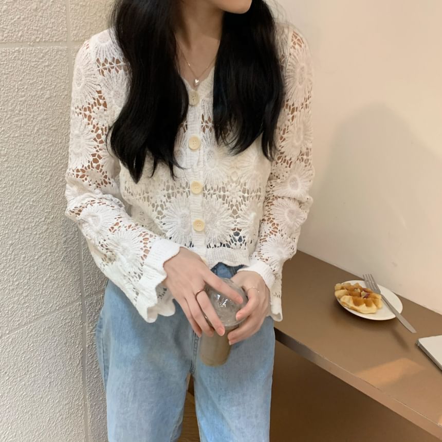 V-Neck Plain Crochet Cardigan