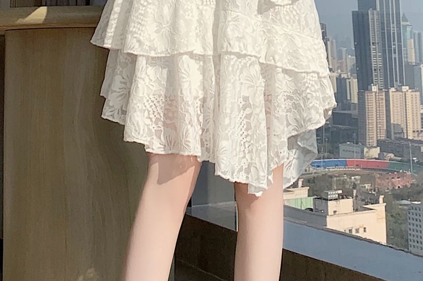 Mid Waist Lace Asymmetrical A-Line Skirt
