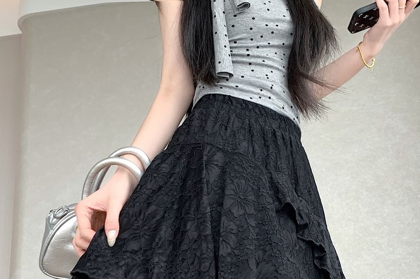 Mid Waist Lace Asymmetrical A-Line Skirt