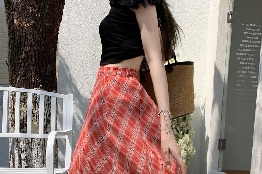 High Waist Plaid Maxi A-Line Skirt