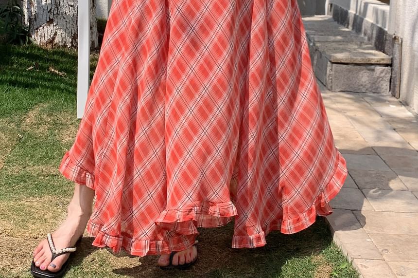 High Waist Plaid Maxi A-Line Skirt