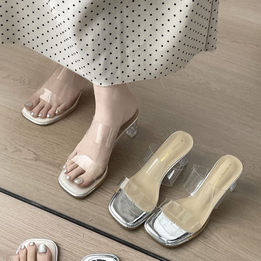 Clear Strap Block Heel Slide Sandals