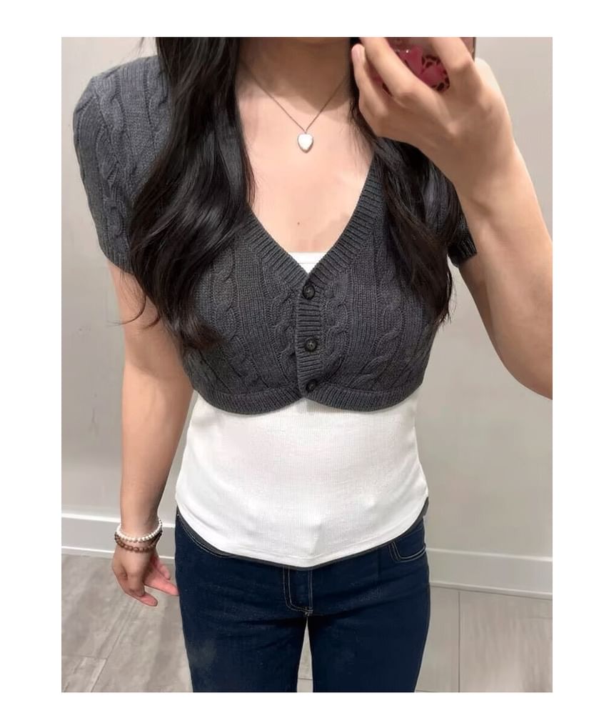 Short-Sleeve V-Neck Plain Cable Knit Crop Cardigan