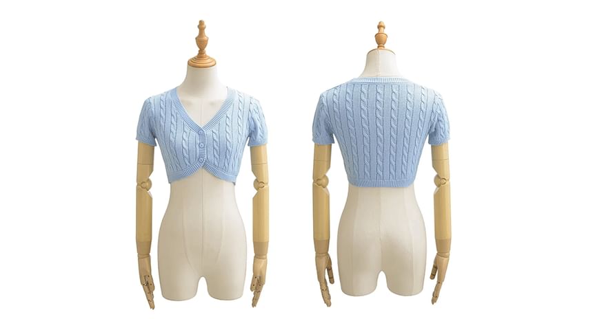 Short-Sleeve V-Neck Plain Cable Knit Crop Cardigan