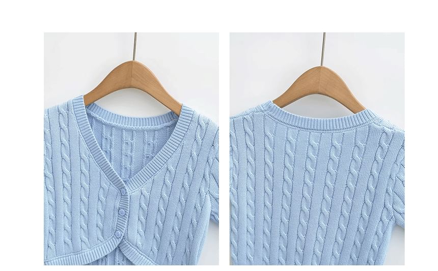 Short-Sleeve V-Neck Plain Cable Knit Crop Cardigan