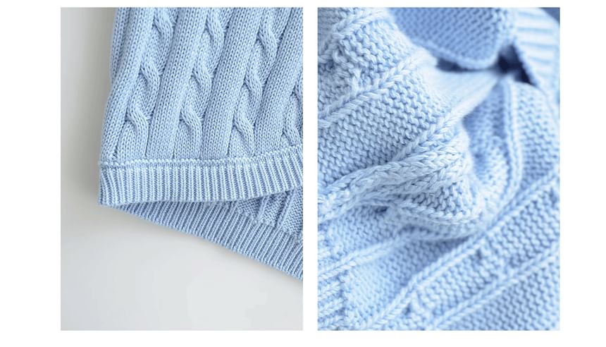 Short-Sleeve V-Neck Plain Cable Knit Crop Cardigan