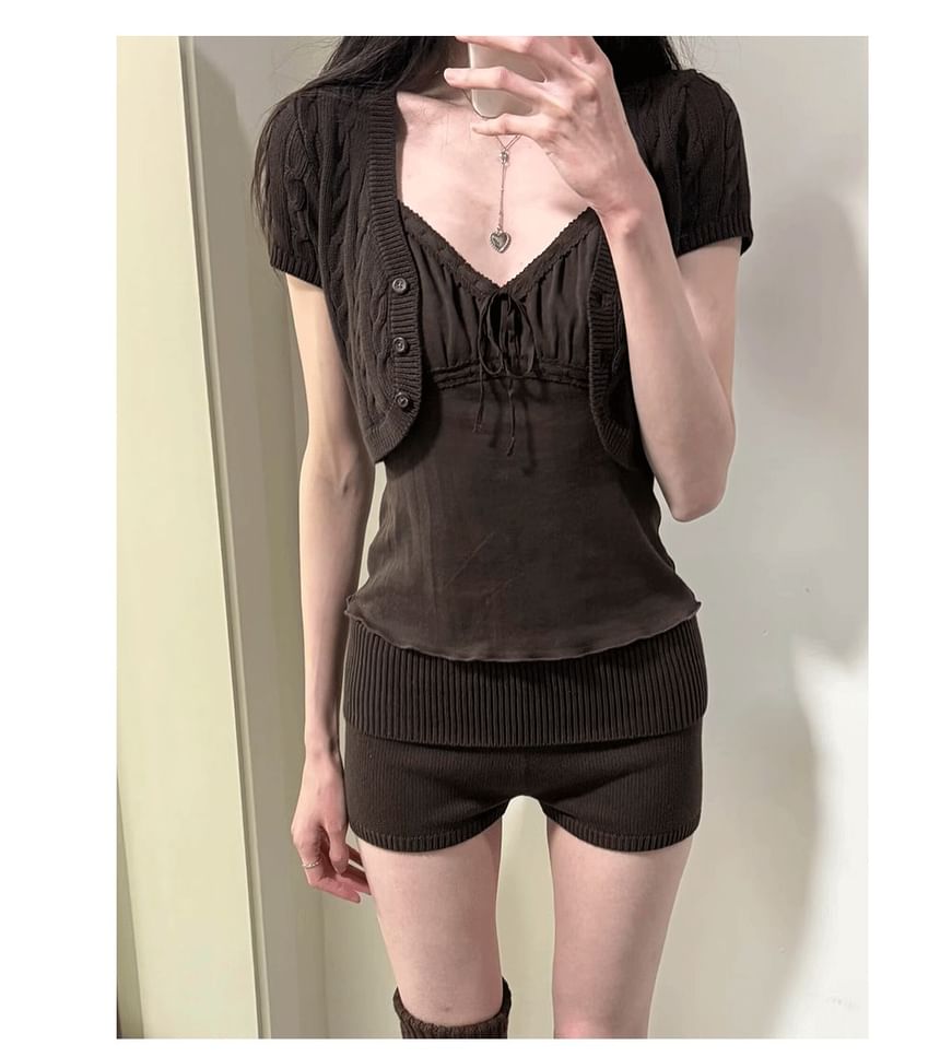 Short-Sleeve V-Neck Plain Cable Knit Crop Cardigan