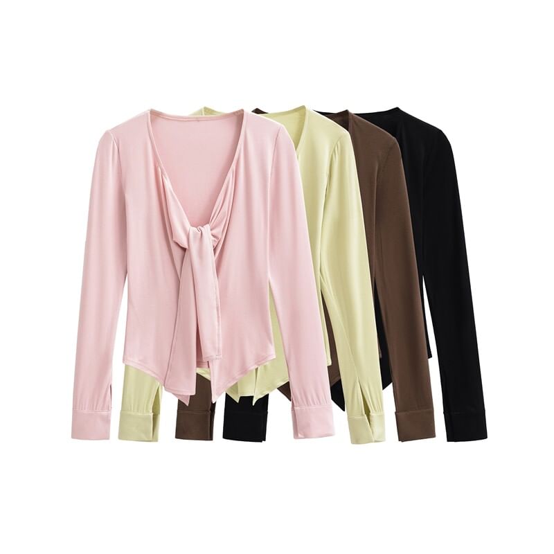 V-Neck Tie Front Plain Cardigan
