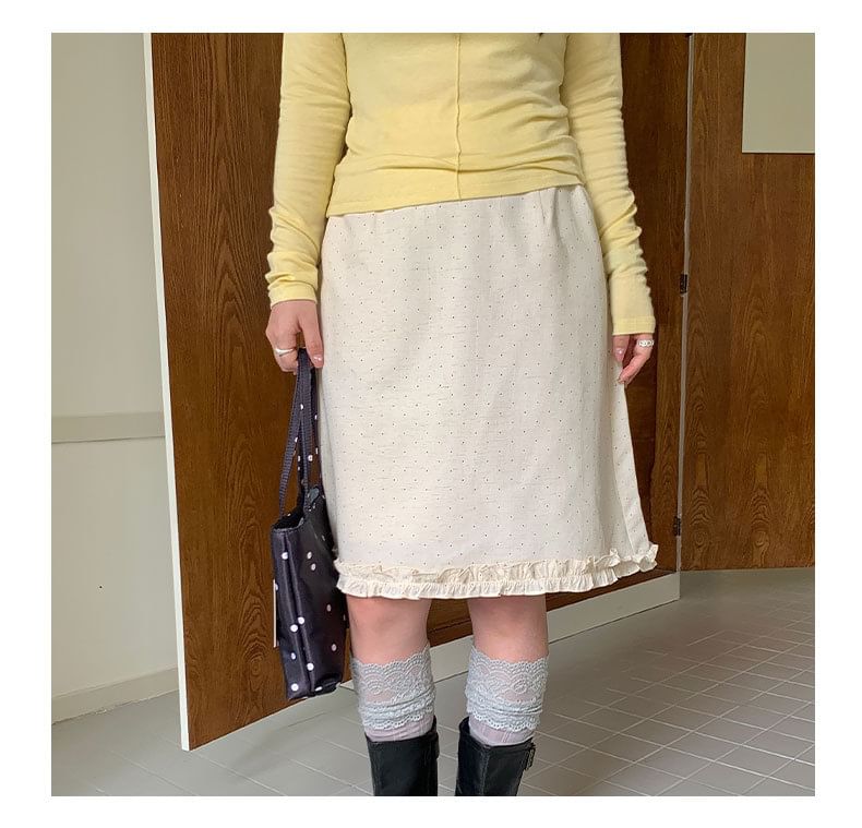 Mid Rise Dotted Ruffle Trim A-Line Skirt