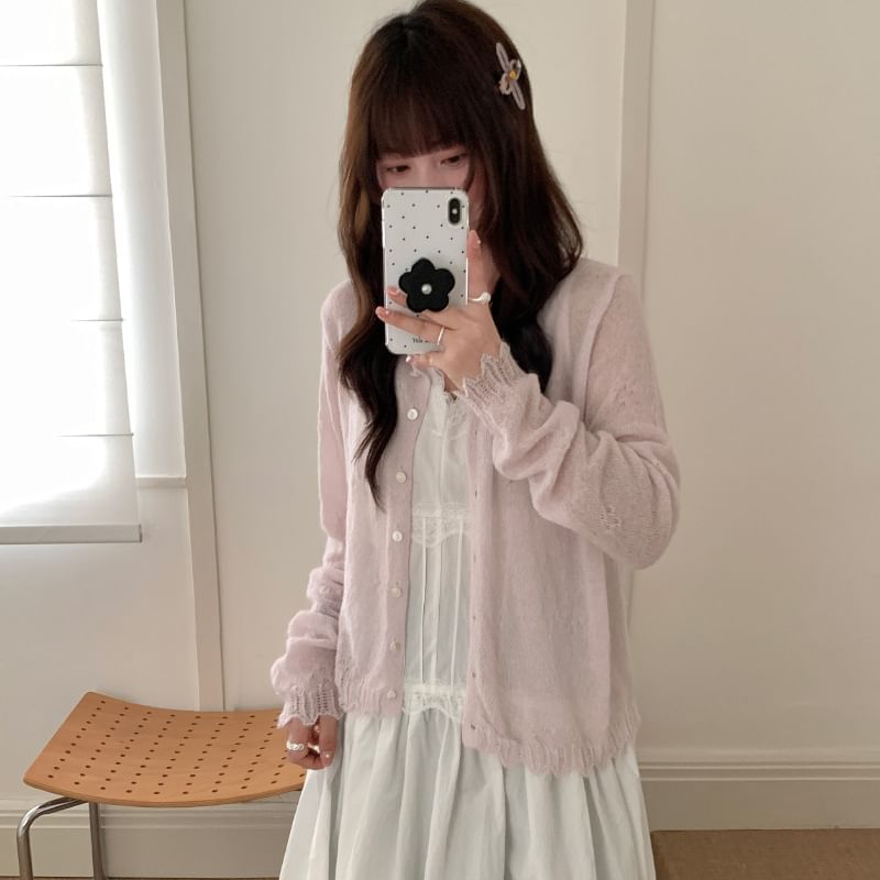 Round Neck Plain Lace Trim Button Up Cardigan