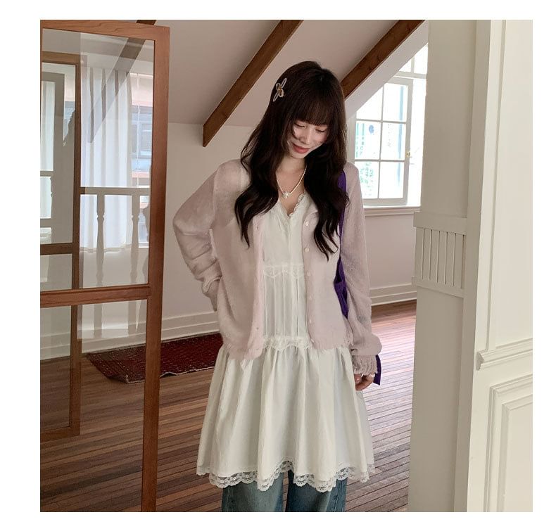 Round Neck Plain Lace Trim Button Up Cardigan
