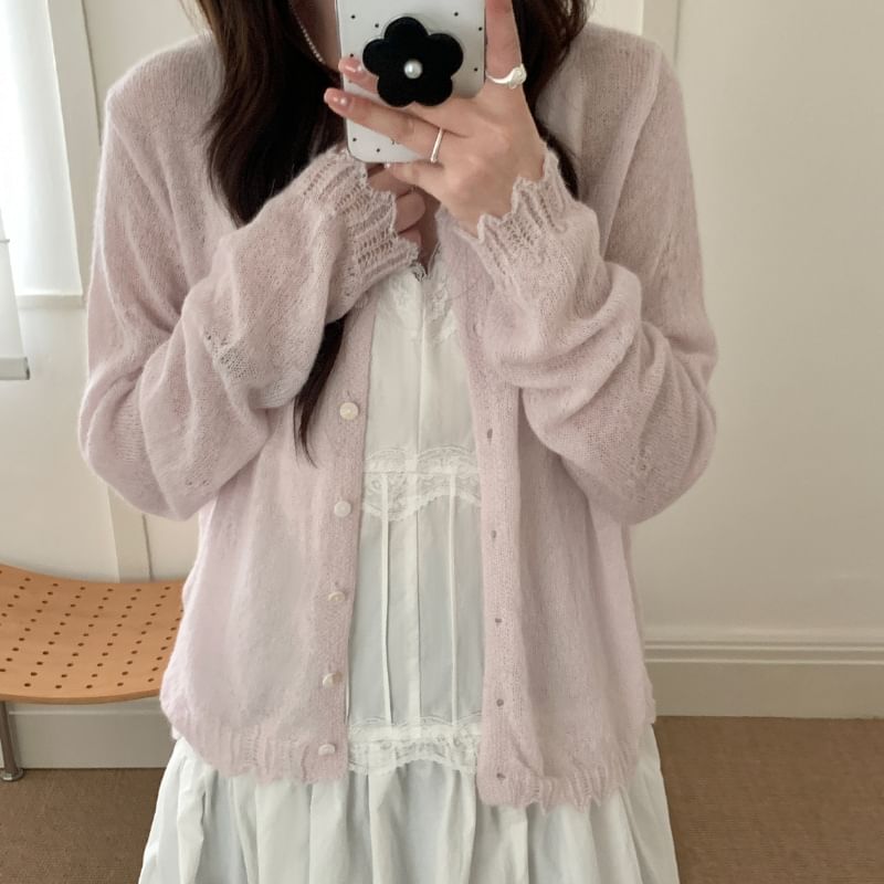 Round Neck Plain Lace Trim Button Up Cardigan