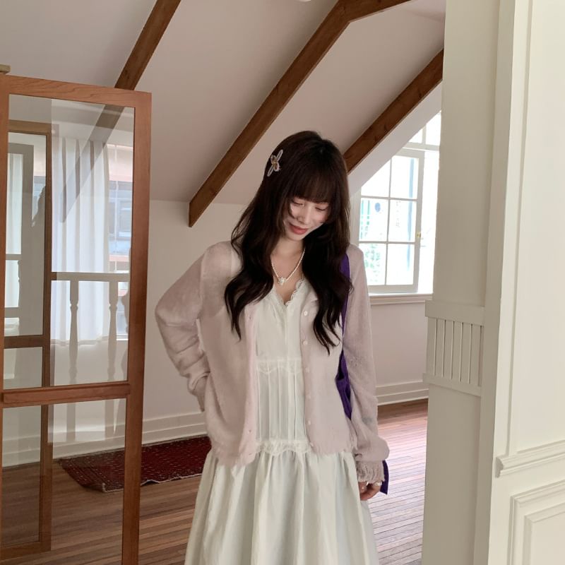 Round Neck Plain Lace Trim Button Up Cardigan