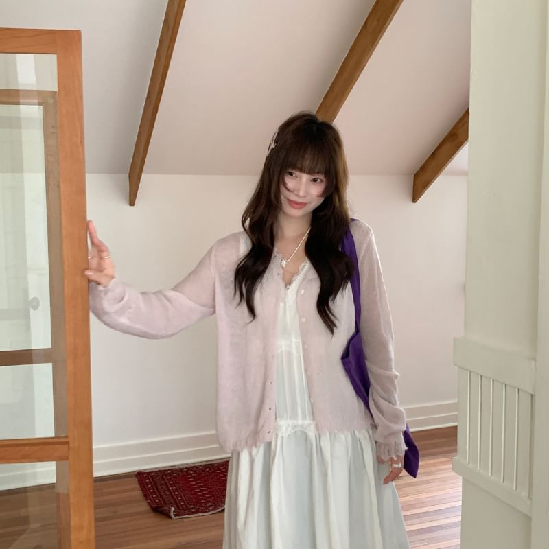Round Neck Plain Lace Trim Button Up Cardigan