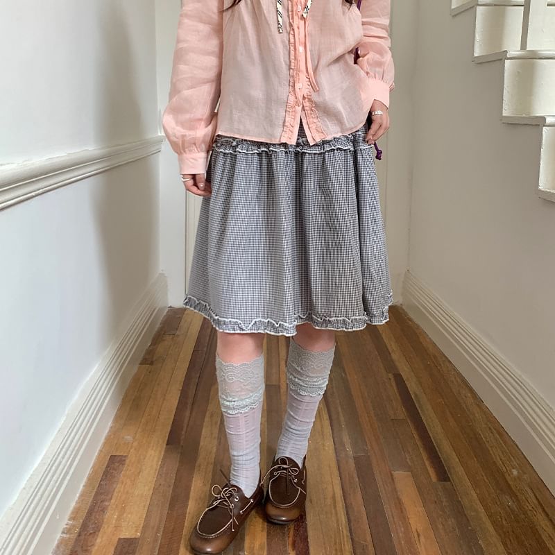 High Waist Plaid Ruffle Trim A-Line Skirt