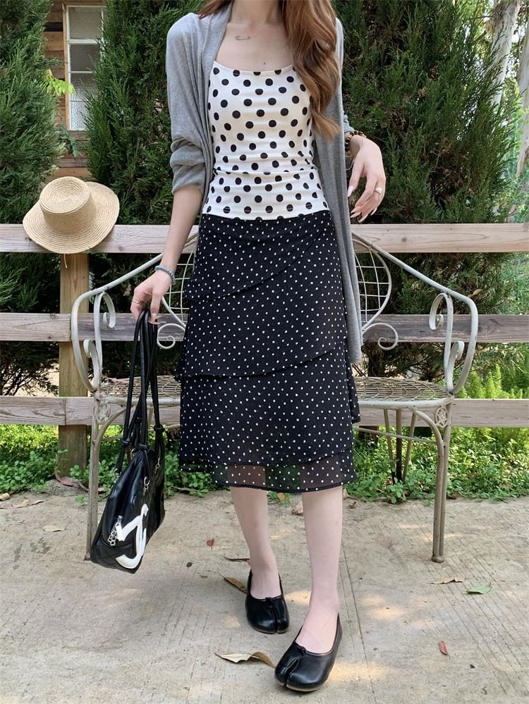 Mid Waist Dotted Midi Skirt