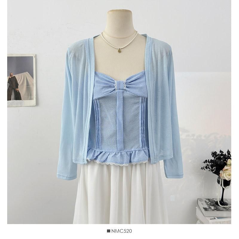 Set: Plain Cardigan + Plaid Crop Camisole Top