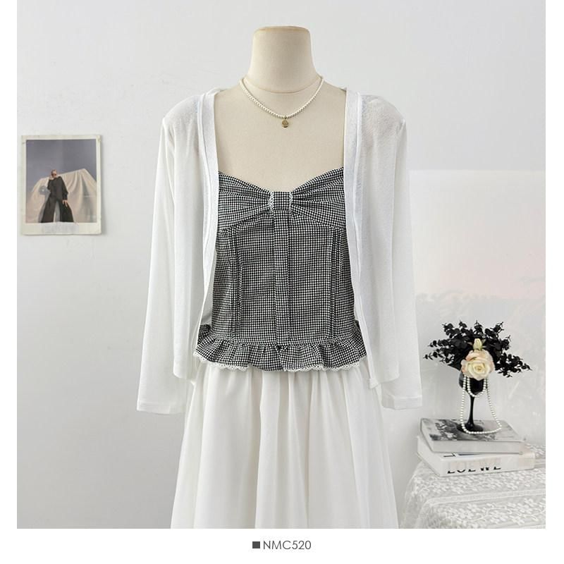 Set: Plain Cardigan + Plaid Crop Camisole Top