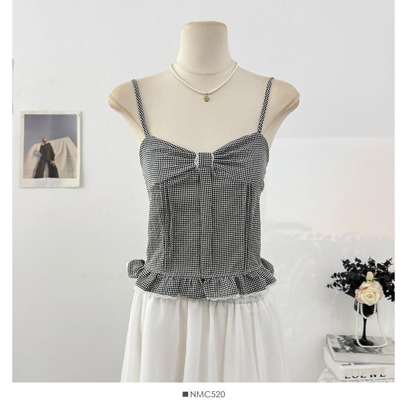 Set: Plain Cardigan + Plaid Crop Camisole Top