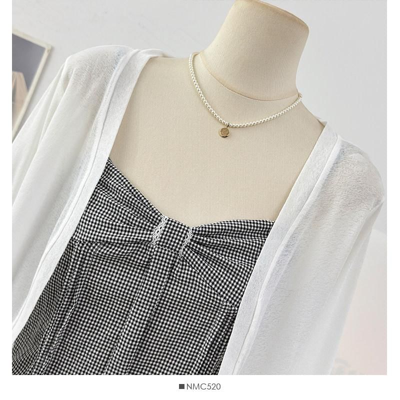 Set: Plain Cardigan + Plaid Crop Camisole Top