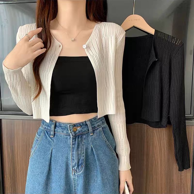 V-Neck Plain Ribbed Knit Single Button Cardigan