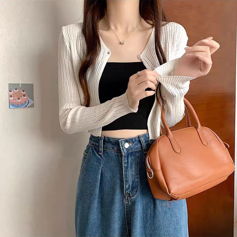 V-Neck Plain Ribbed Knit Single Button Cardigan