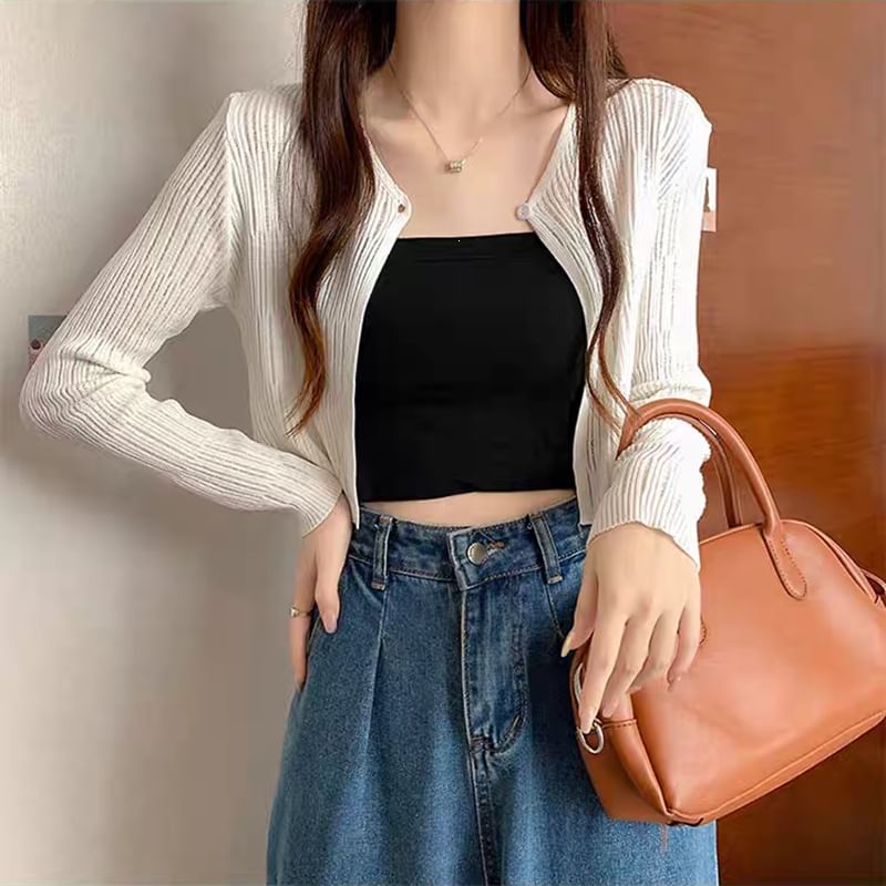 V-Neck Plain Ribbed Knit Single Button Cardigan