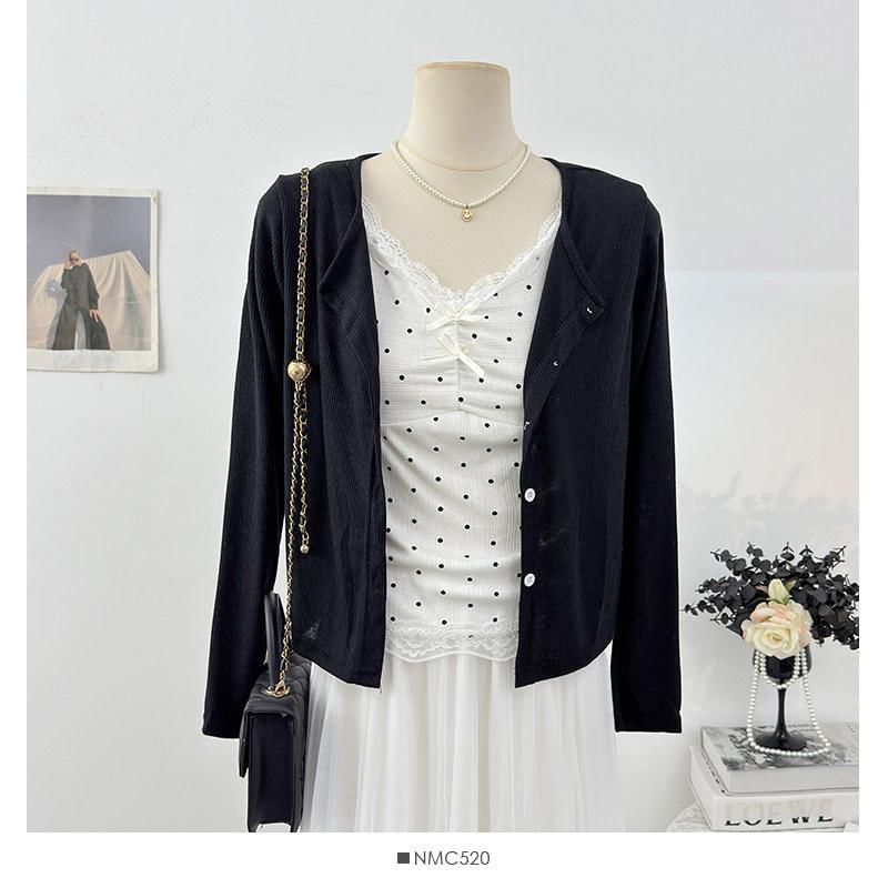 Set: V-Neck Dotted Camisole Top + Plain Cardigan