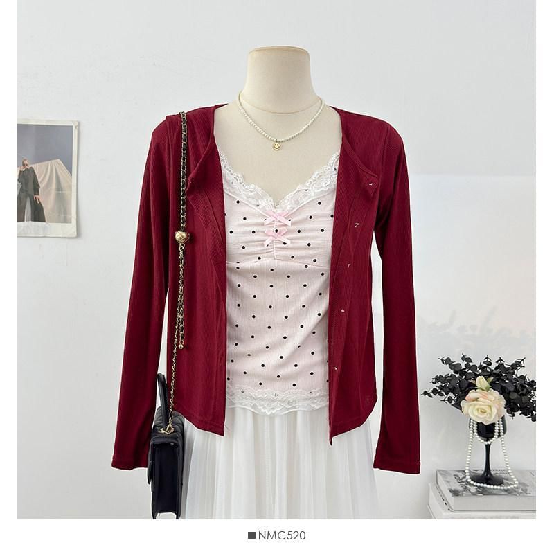 Set: V-Neck Dotted Camisole Top + Plain Cardigan