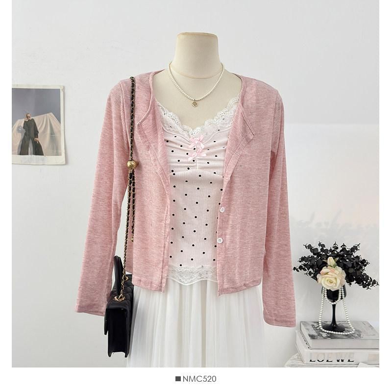 Set: V-Neck Dotted Camisole Top + Plain Cardigan