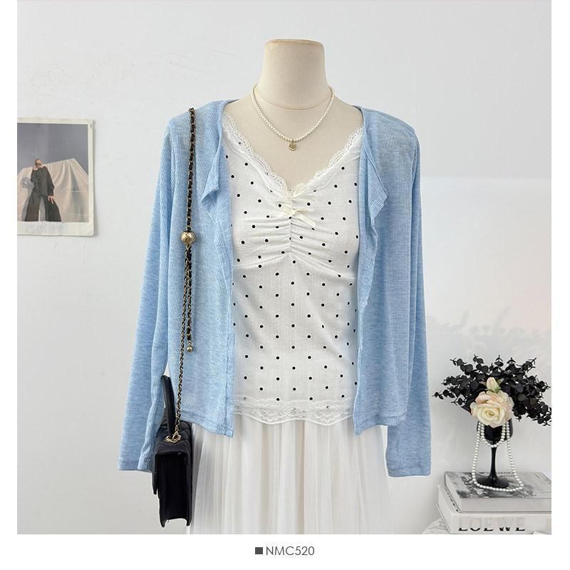Set: V-Neck Dotted Camisole Top + Plain Cardigan