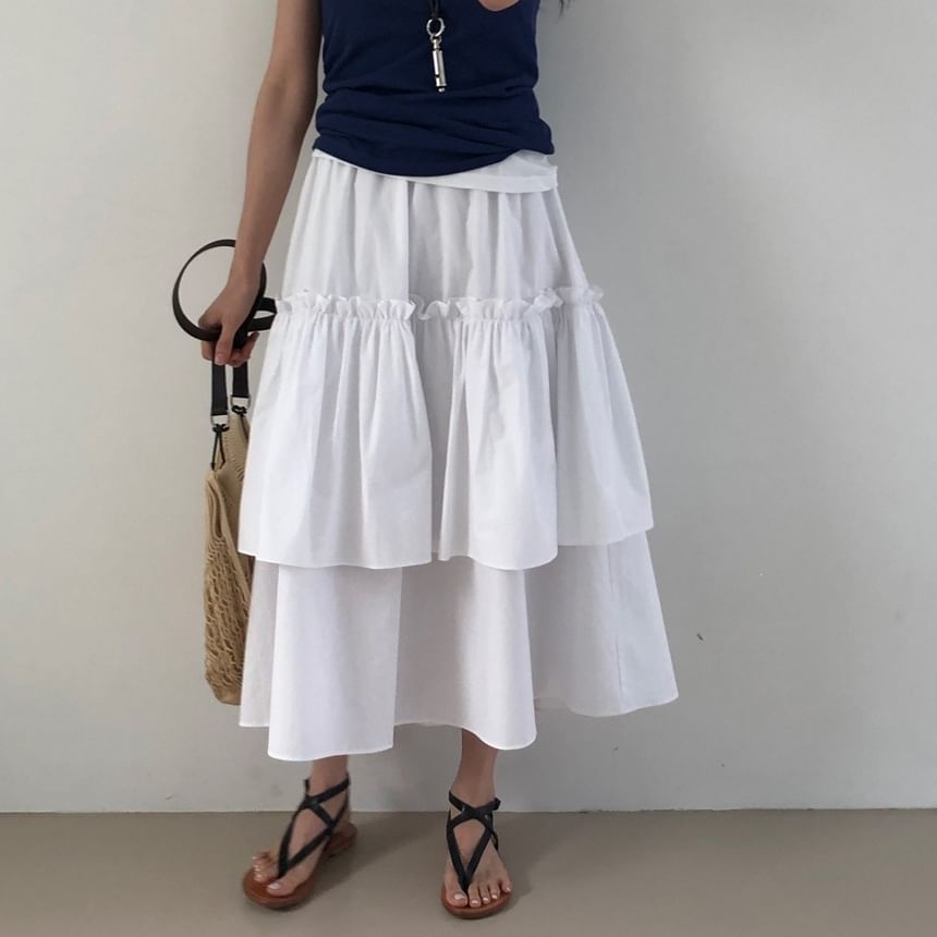 High Waist Striped Ruffled Tiered Midi A-Line Skirt