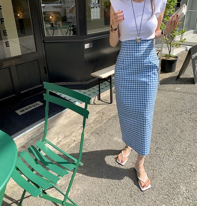 High Waist Gingham Slit Maxi Pencil Skirt